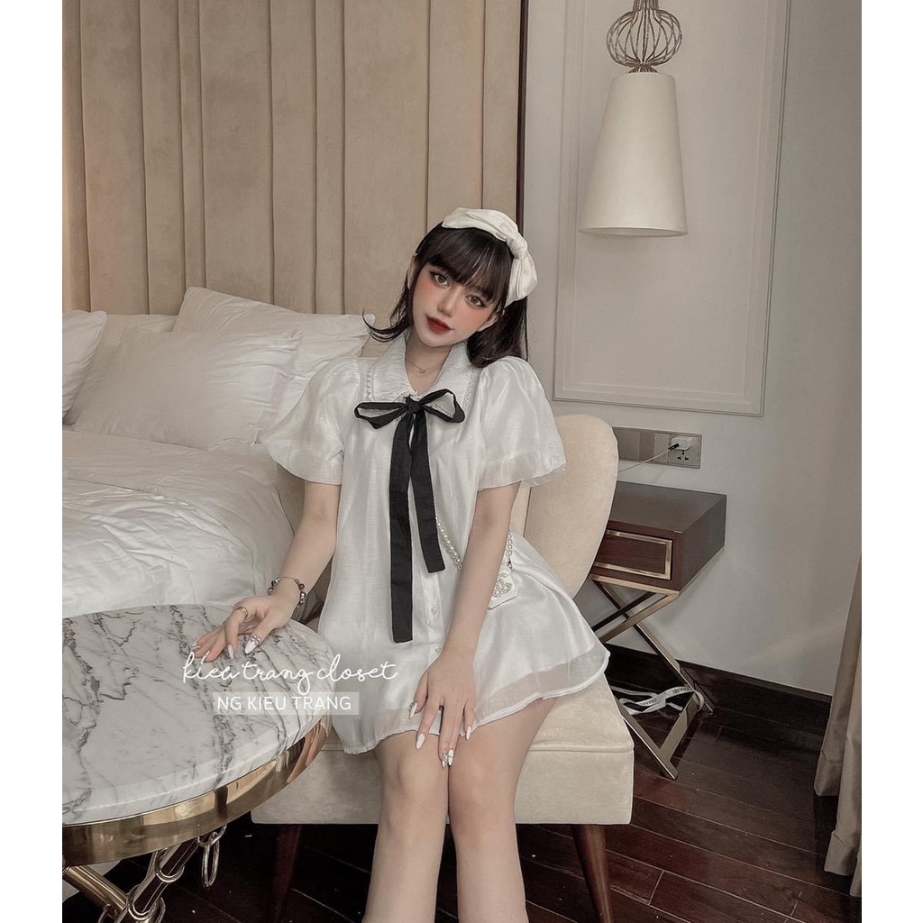 [ảnh thật-sẵn] Sơ mi tơ xước tay bồng 2 lớp thắt nơ