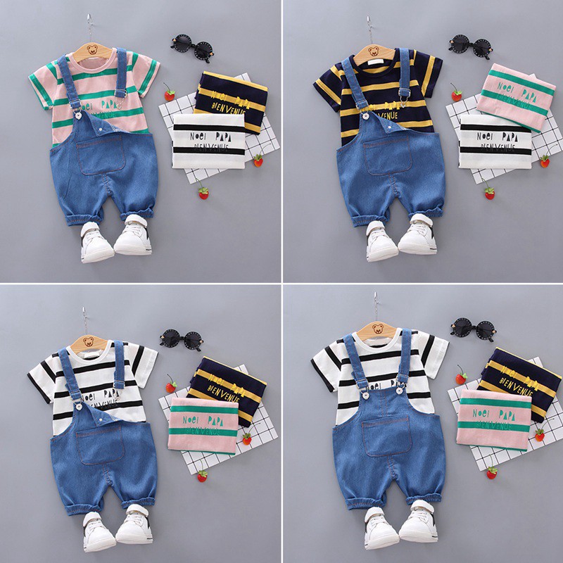 Set quần yếm + áo thun ngắn tay họa tiết sọc ngang thời trang cho bé trai