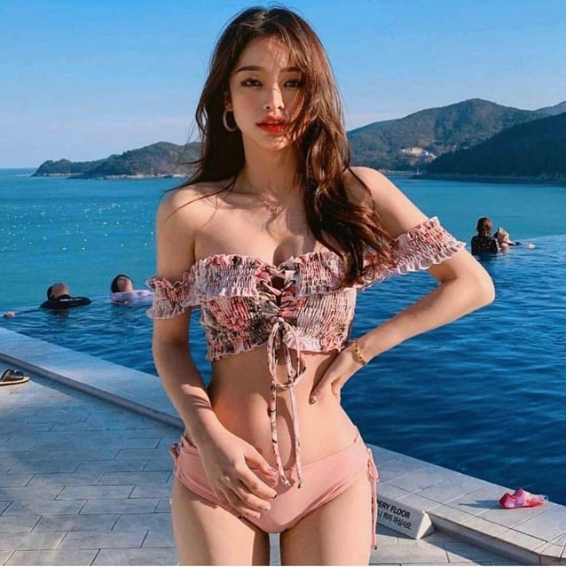 Đồ bơi bikini hai mảnh hồng bèo nhún kute | BigBuy360 - bigbuy360.vn