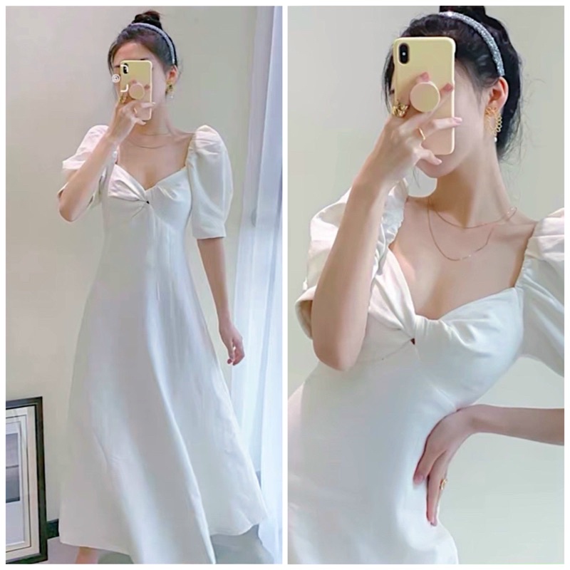 Đầm váy trắng xoắn cổ form dài thanh lịch đi tiệc (kèm hình thật)