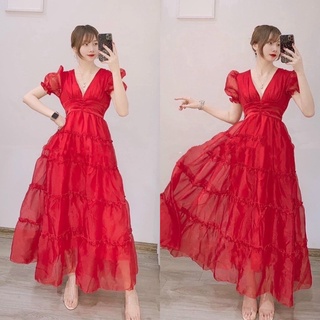 Maxi du lịch đi chơi nhún bèo đỏ, đầm váy dài tay ngắn bồng/phồng kín đáo sang trọng, thời trang nữ cao cấp