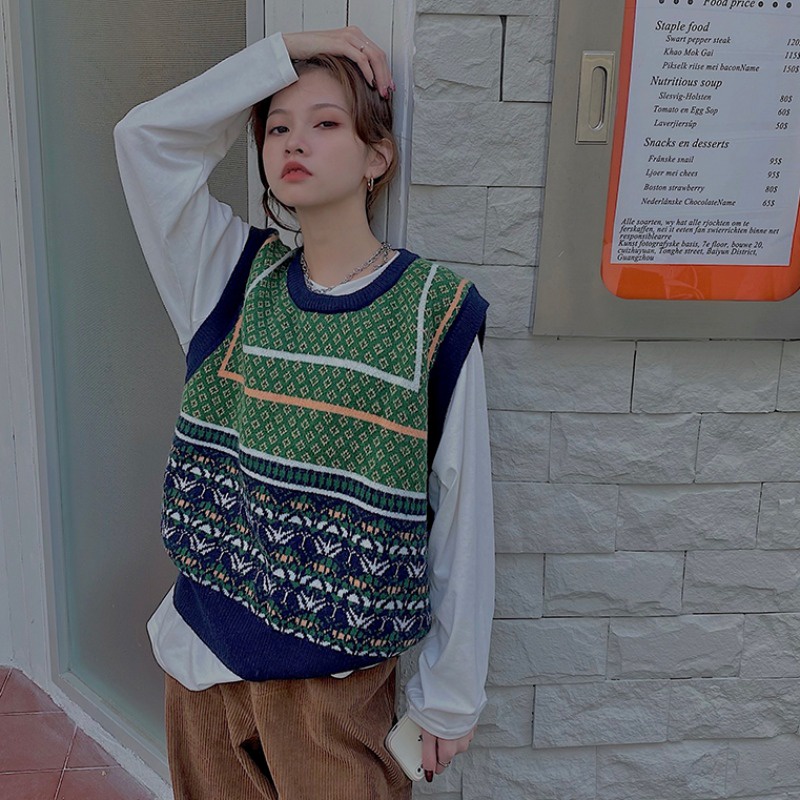 Áo gile len dệt kim retro freesize phối màu độc đáo