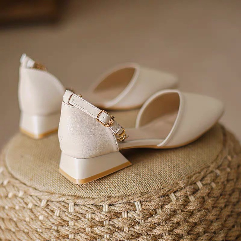 Giày cao gót tiểu thư 3,5cm màu trắng be quai xích cườm BIG SIZE 35-43