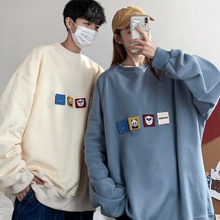 Áo Sweater Cổ Tròn Dáng Rộng Thêu Họa Tiết Hoạt Hình Kiểu Hàn Quốc Cho Các Cặp Đôi