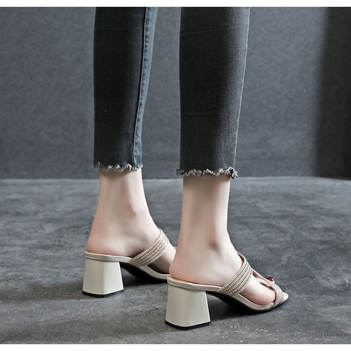 Tikp Dép Cao Gót Quai Ngang Đính Đá 2 Màu Tùy Chọn Size 34-40
