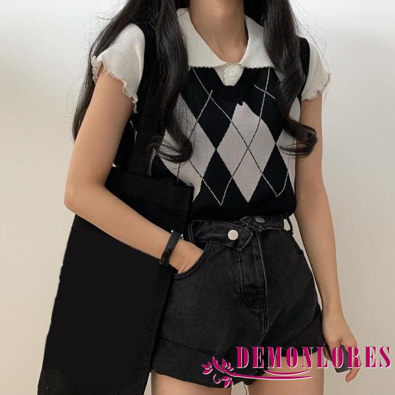 Áo Dệt Kim Không Tay Cổ Chữ V Họa Tiết Hình Thoi Thời Trang Cho Nữ