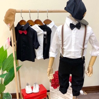 Set bộ sơ mi cổ nơ kèm dây đai cho bé trai
