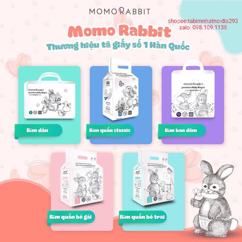 [HCM] 1 THÙNG tã/bỉm MOMO RABBIT dán/quần size S36/M32/L30/M30/L28/XL22/XXL18