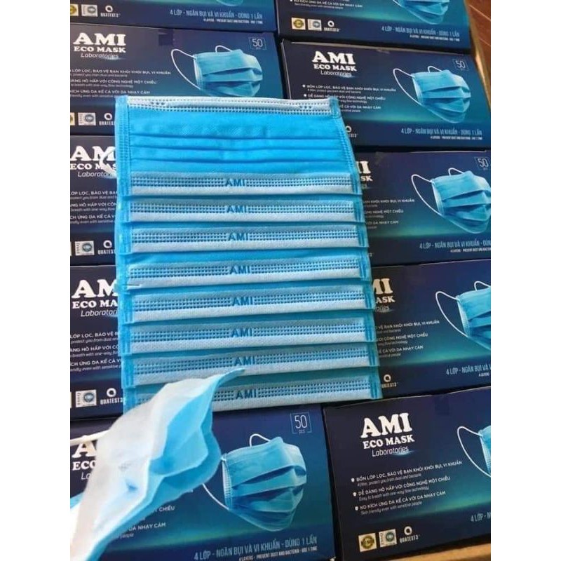 (Ami xanh) Hộp khẩu trang y tế Ami 4 lớp màu Xanh chính hãng 50 cái