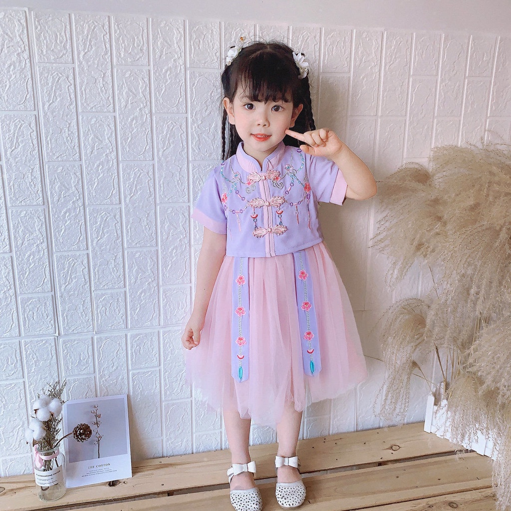 Đầm Hán Phục Tay Ngắn Phối Lưới Thêu Họa Tiết Phong Cách Trung Hoa Mới 2022 Cho Bé Gái