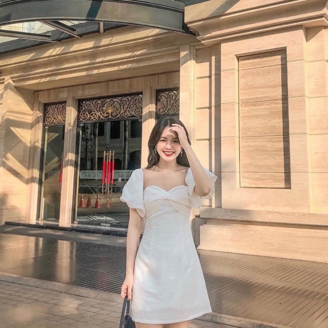 🌸 Đầm xoè trễ vai nơ ngực