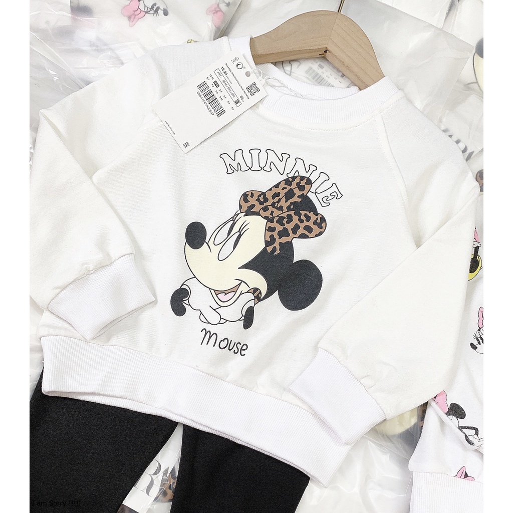 Sét bộ bé gái thu đông Zara, Bộ áo mickey trắng dài tay kèm quần đen cho bé chất cotton 4 chiều size 1y-5y