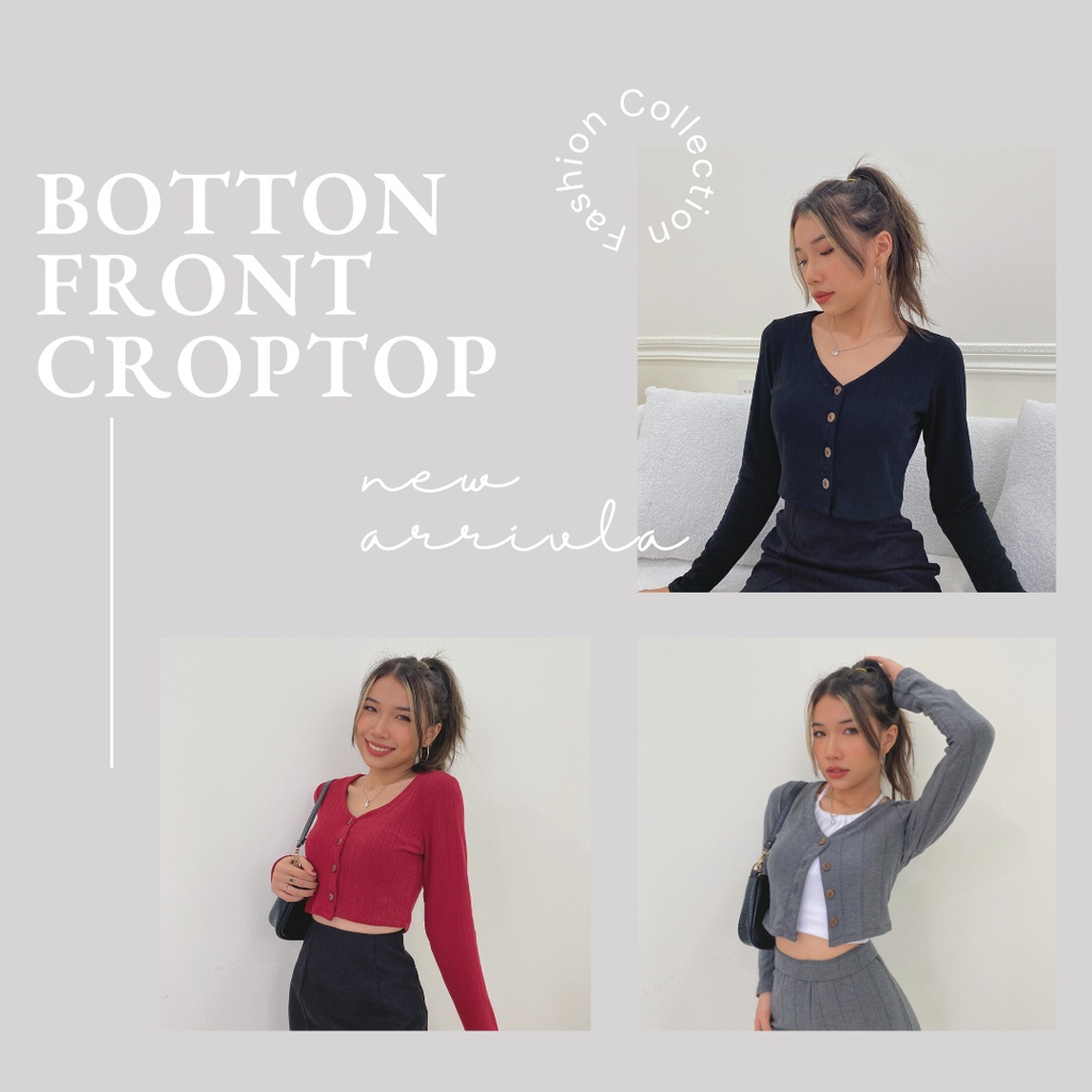 Áo ngắn tay dài nút gỗ Button Front Croptop vải co dãn LOVEKIUTEE