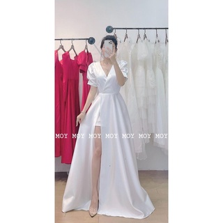 Váy dài phi xẻ cổ V đắp - Váy thiết kế cao cấp