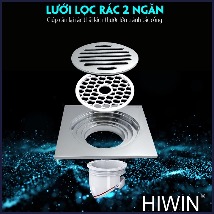Phễu thoát sàn ngăn mùi hôi thoát nước nhanh đồng mạ crom kích thước 120x120mm HIWIN FD-1952
