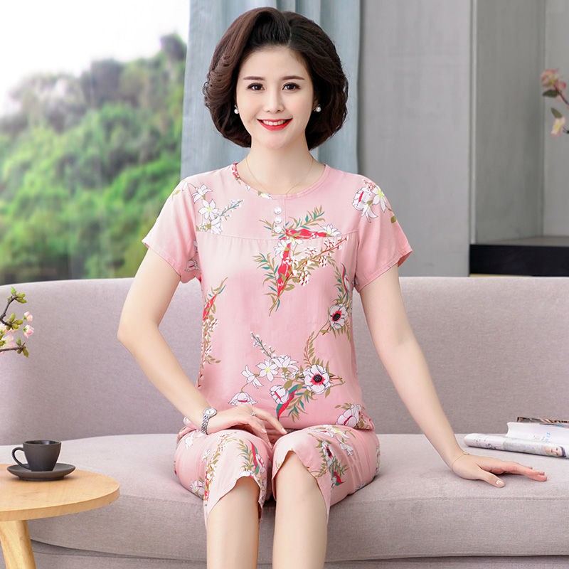 giá rẻ đẹpĐồ mặc nhà bằng lụa cotton cỡ lớn cho người trung niên và già, ngủ dành mẹ, bộ hai mảnh rayon ngắn tay