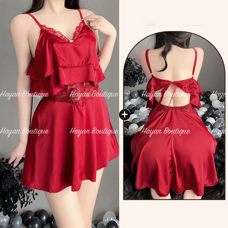 HT61 Váy ngủ sexy viền ren công chúa dáng xoè, đầm ngủ lụa sexy dây buộc lưng HT61