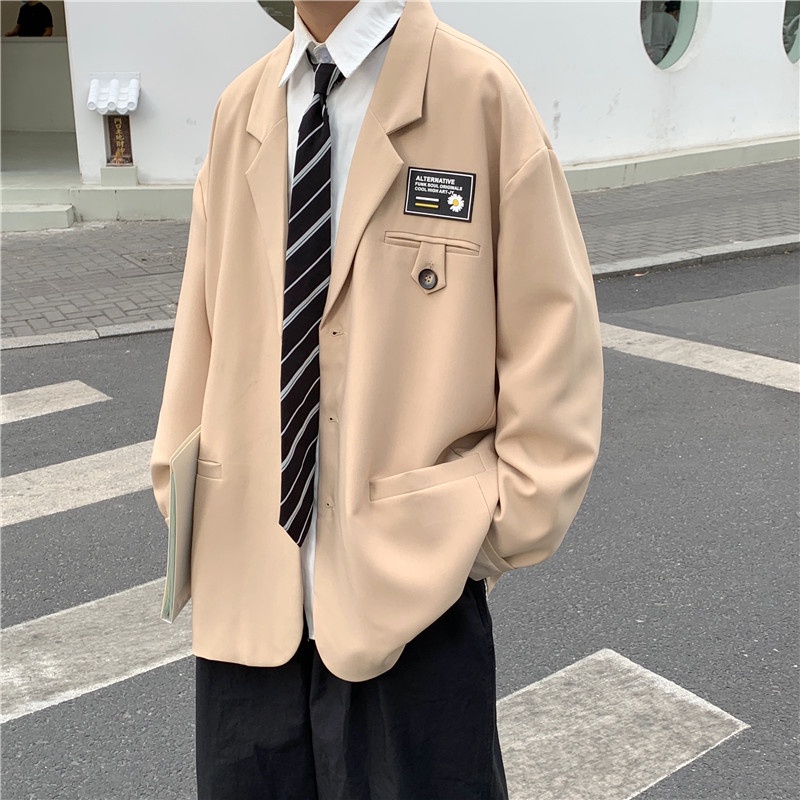 ♞AFF LIGA♞ Áo khoác blazer màu trơn thiết kế dáng rộng phong cách Hàn Quốc thời trang đường phố cho nam