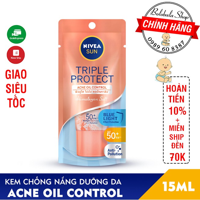 Kem Chống Nắng Dưỡng Da Kiểm Soát Nhờn Mụn NIVEA SUN Triple Protect Acne Oil Control SPF50+ PA+++ 15ML