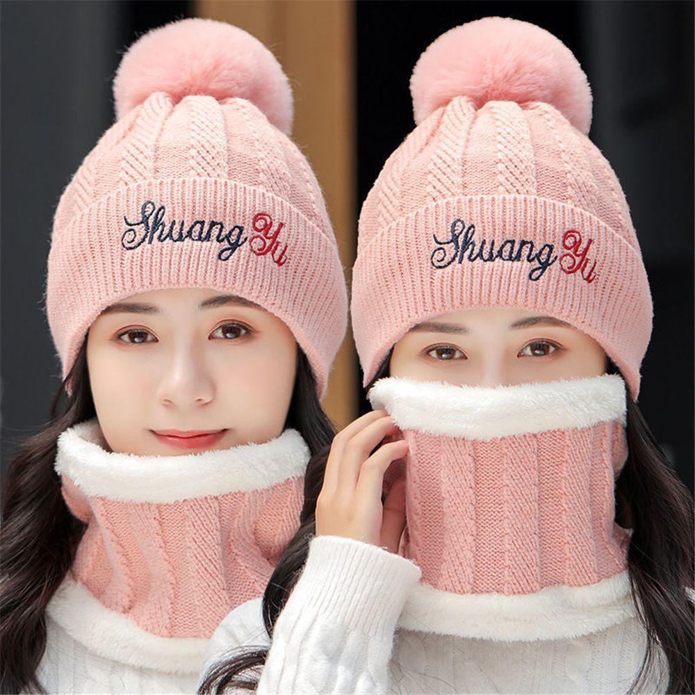 Set Mũ Len Kèm Khăn Choàng Cổ Lót Nhung Giữ Ấm Mùa Thu