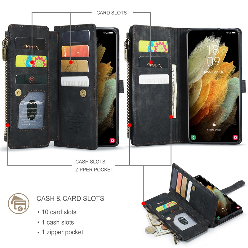 Bao Da Điện Thoại Nắp Lật Kiêm Ví Đựng Thẻ Khóa Kéo Đa Năng Chống Sốc Cho Samsung Note 20 Ultra Note 10 Plus S8 Ốp