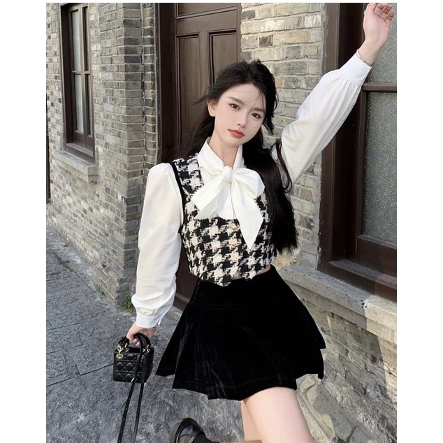 Set 3 món: áo sơ mi trắng nơ cổ + croptop ghile + chân váy xoè đen