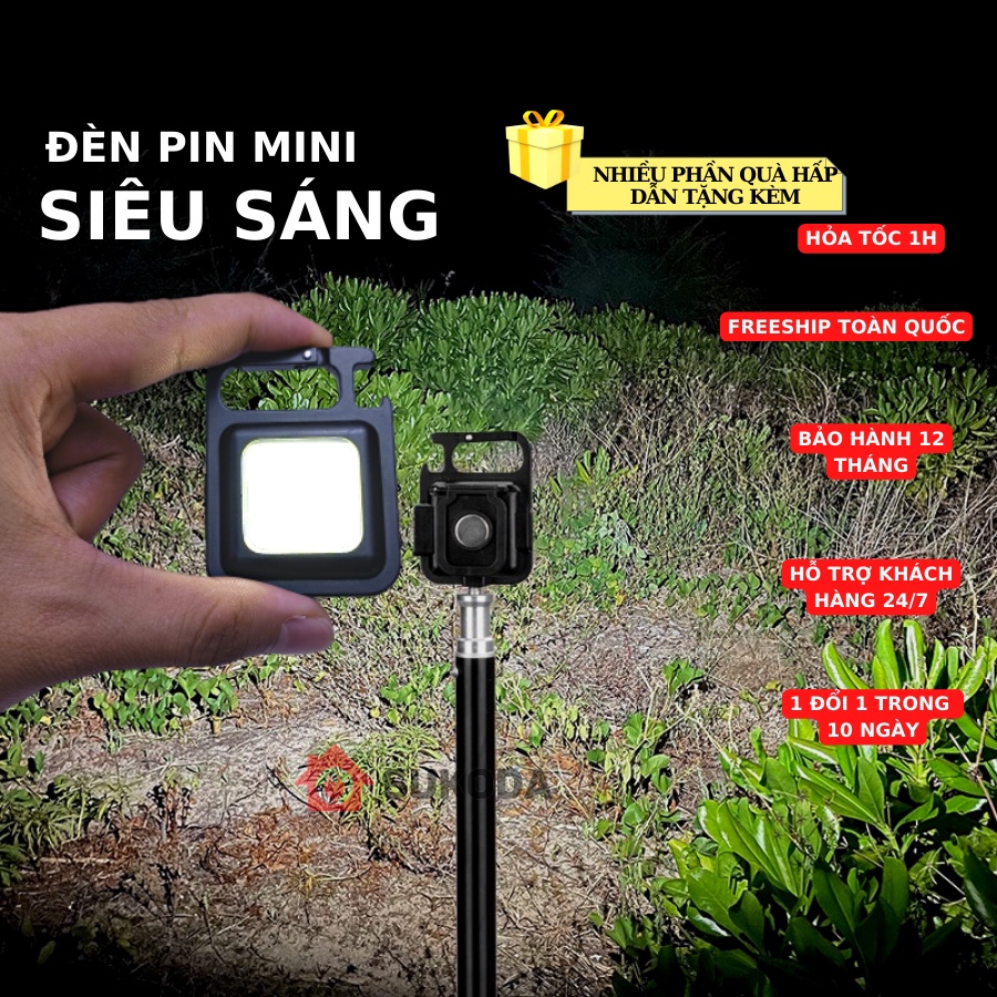 Đèn pin mini led siêu sáng COB 800 SuKoDa có móc khóa đa năng mở nắp chai chống nước sạc usb nam châm tiện dụng DP02