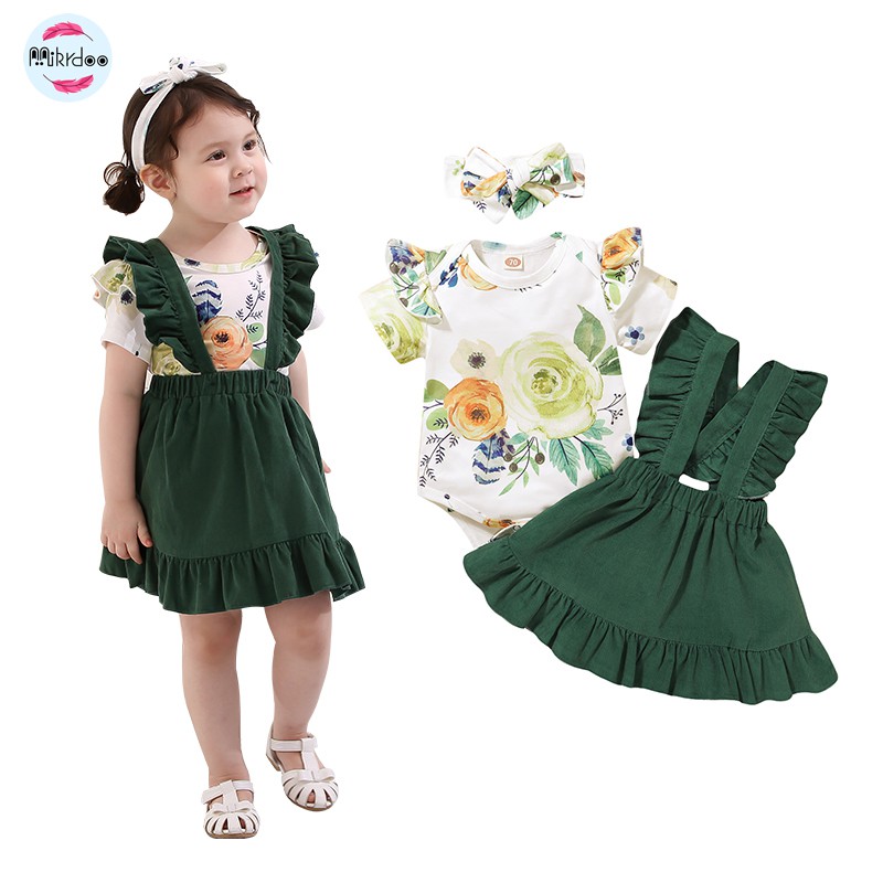 Mikrdoo Bộ áo liền quần tay ngắn +Treo váy + băng buộc đầu Bộ quần áo 3PCS cho bé gái 0-18 tháng
