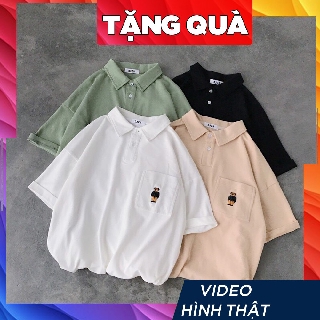 Áo thun Polo tay lỡ có cổ form rộng freesize  nữ unisex in hình người, có túi, màu xanh, đen, nude, trắng