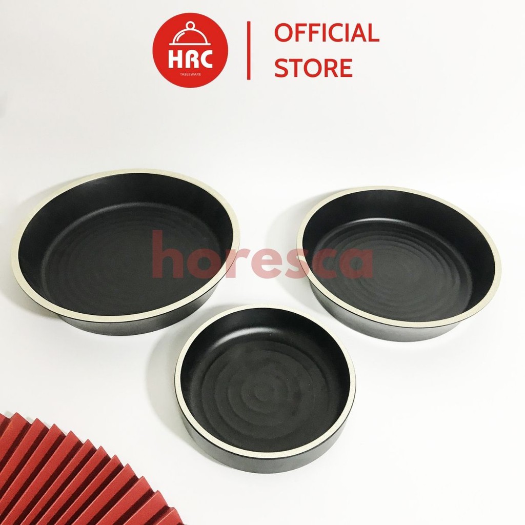 Bộ Tô Đĩa Tròn Bộ Đồ Bàn Ăn Nhựa Phíp Melamine Đen Nhám Mờ Viền Trắng Giả Sứ (Cao Cấp)