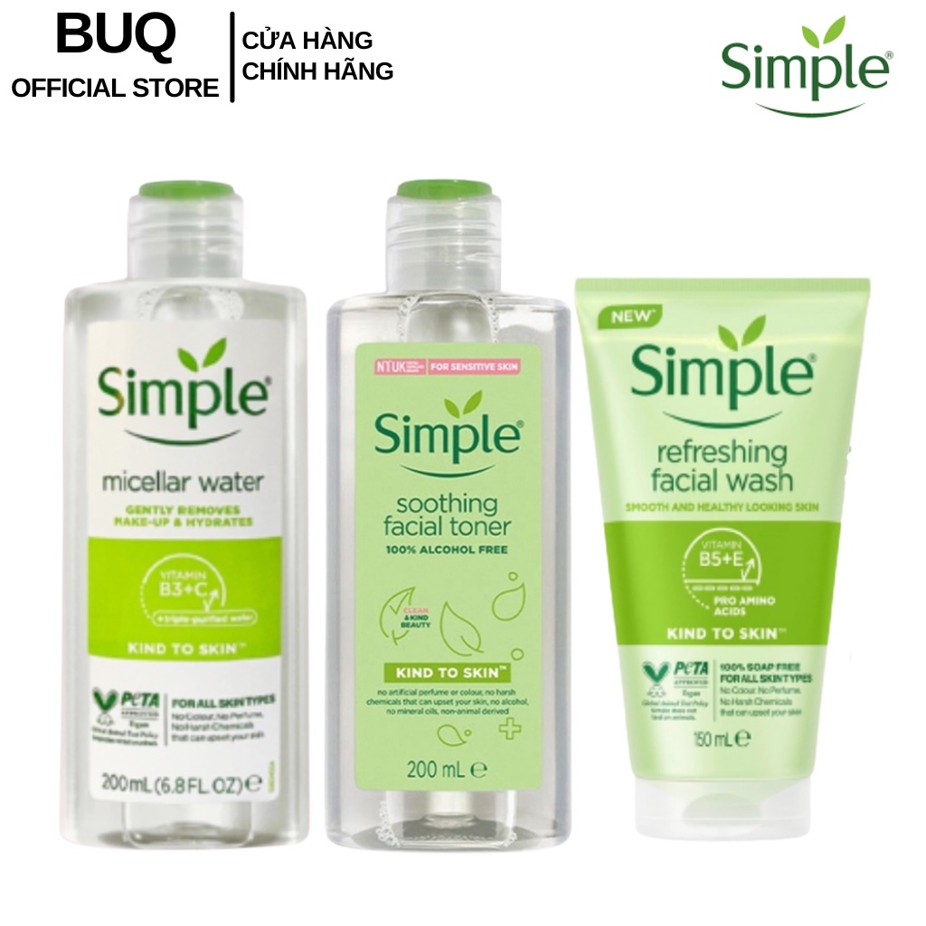 Combo 3 Món Simple Tẩy Trang 200ml + Sữa Rửa Mặt 150ml + Nước Hoa Hồng 200ml Cho Da Sạch Khỏe Đàn Hồi