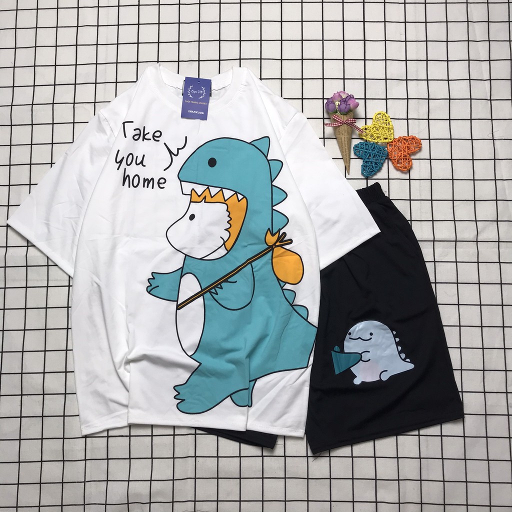 [ẢNH THẬT] Set Đồ Bộ Khủng Long " TAKE YOU HOME"  cartoon 3D Cute -Lapi VN Áo+ Quần Đùi Vải Thun Cotton, Freesize,Tay Lỡ