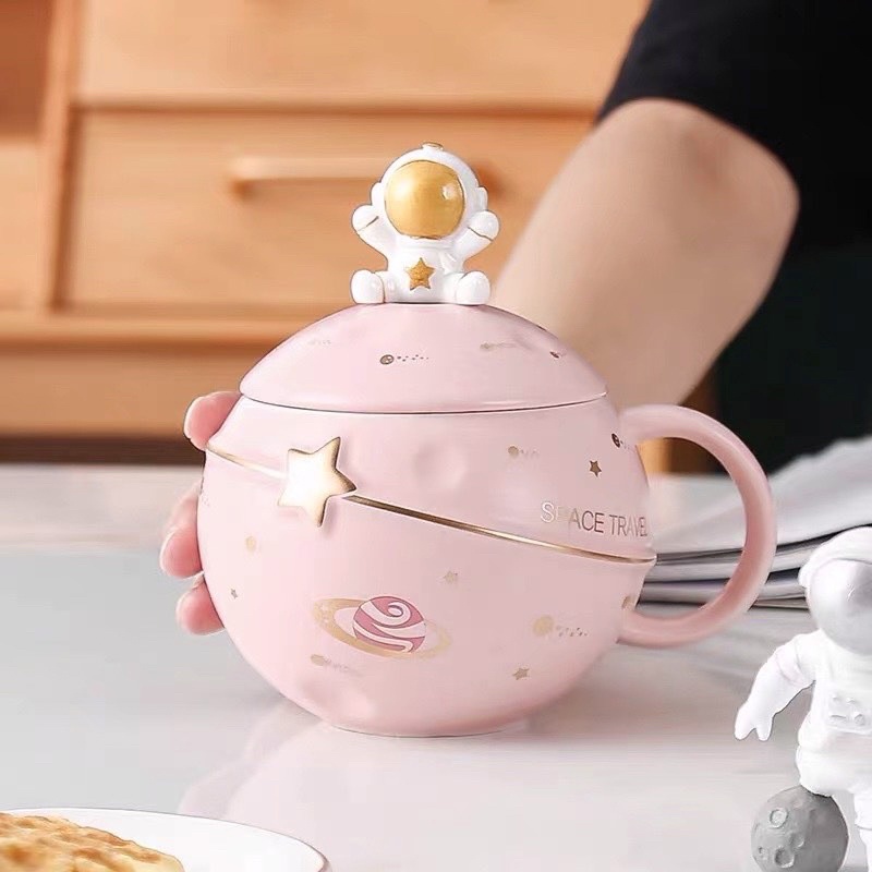 Cốc sứ to phi hành gia màu hồng cute, cốc deco
