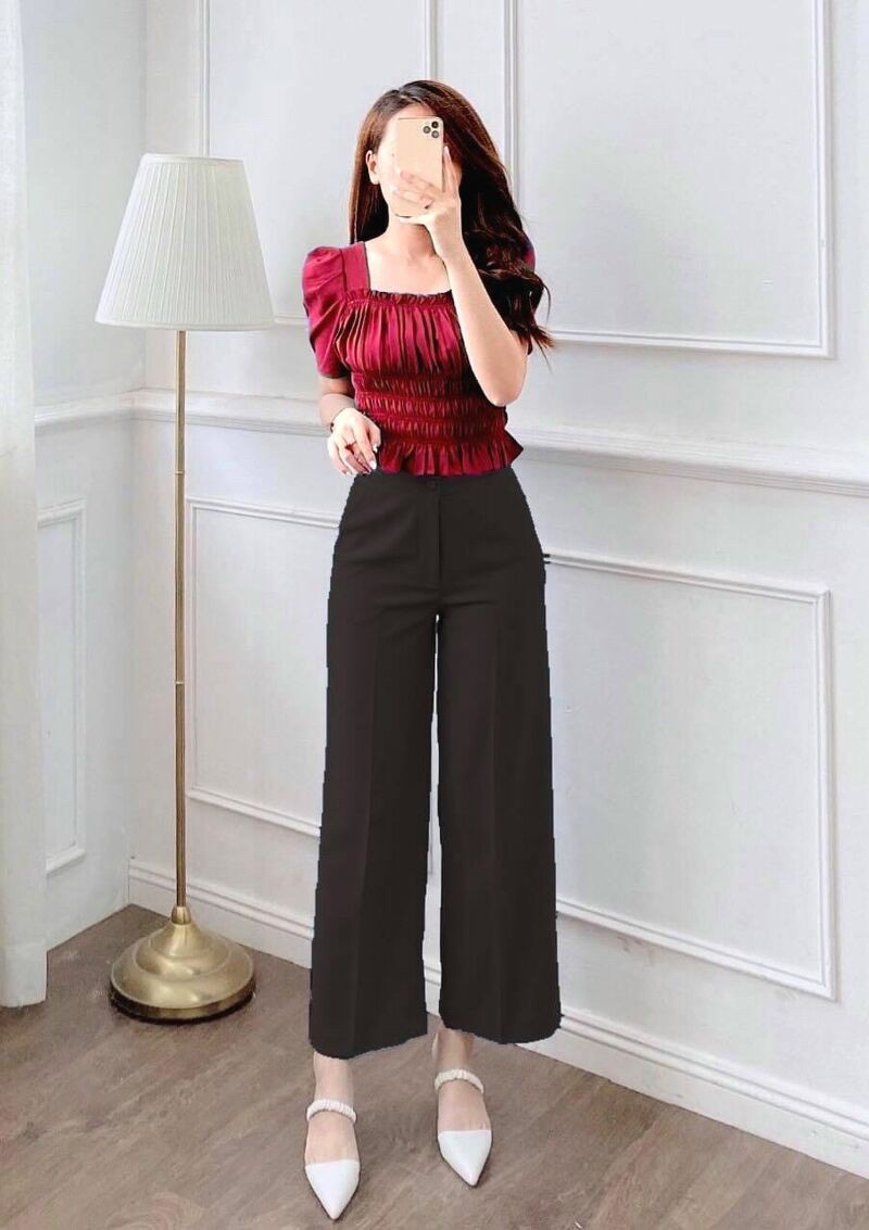 Áo cổ vuông tay bồng chun nhún eo nhiều màu