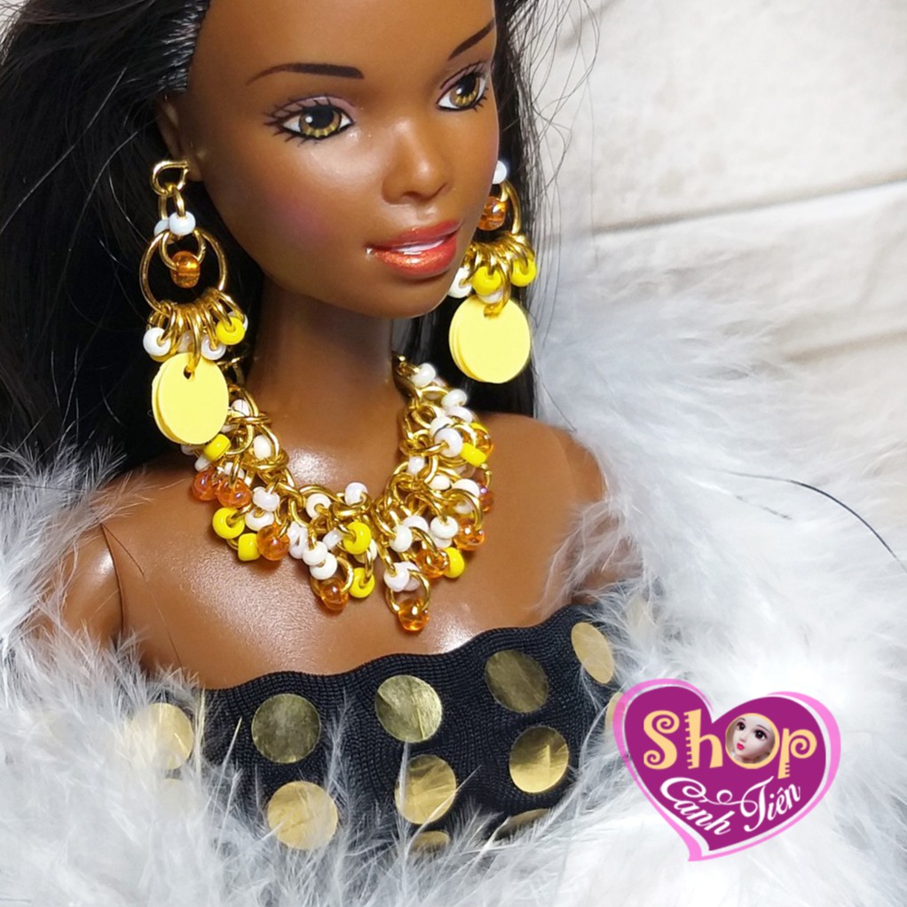 Phụ kiện Búp bê - Vòng cổ, bông tai Búp bê Barbie Handmade Kim sa, Xích Vàng, Cườm nhỏ Cực kỳ ĐẸP