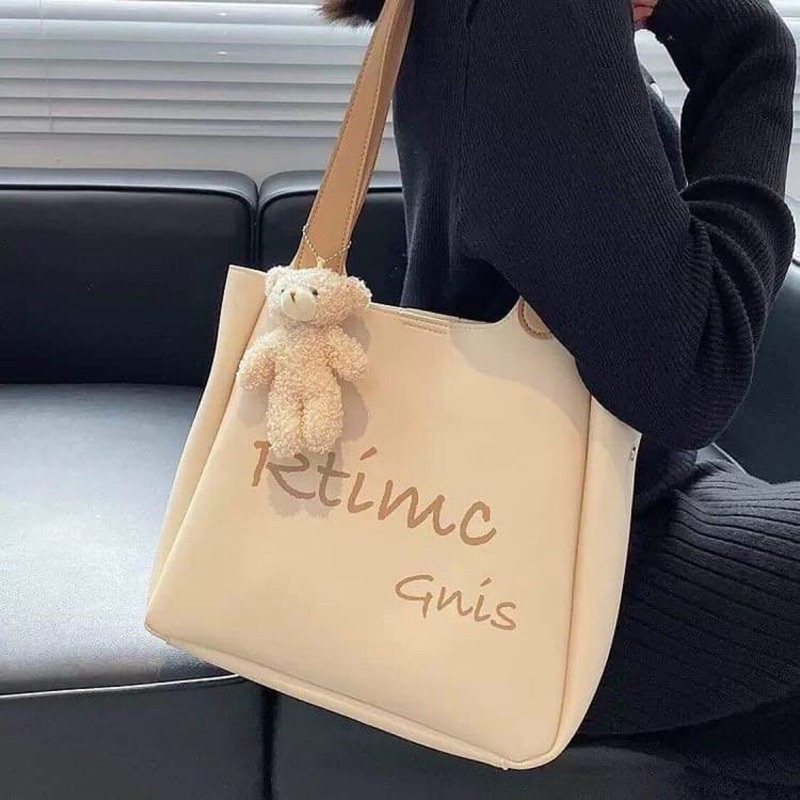 Túi tote công sở hoạ tiết chữ đeo vai kiểu hàn quốc tặng kèm gấu treo size to