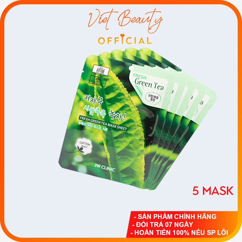 (❤️HOT SALES ❤️) COMBO 05 Mặt nạ dưỡng da chiết xuất từ trà xanh 3W CLINIC FRESH GREEN TEA MASK SHEET 23ml
