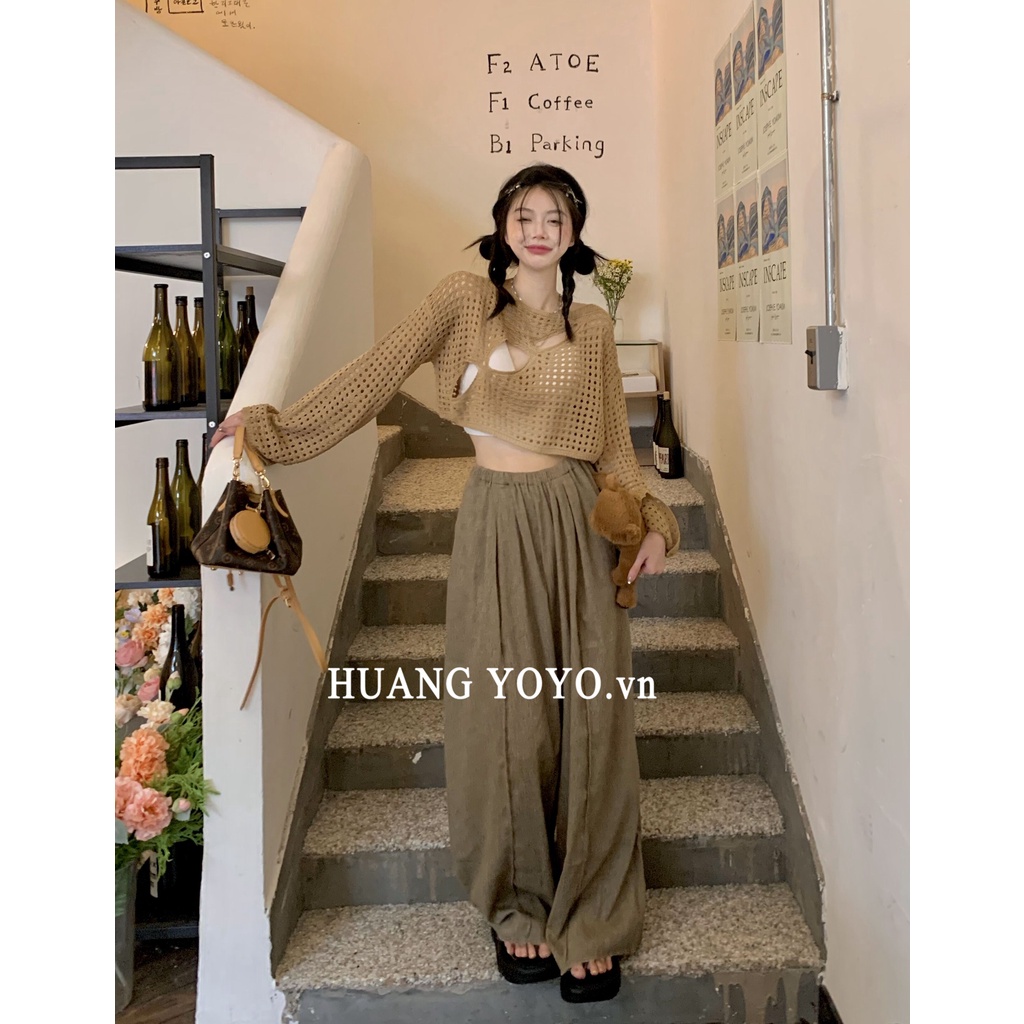 Bộ Áo Tay Dài Và Quần Ống Rộng Lưng Thun Phong Cách Hàn Quốc Dành Cho Nữ