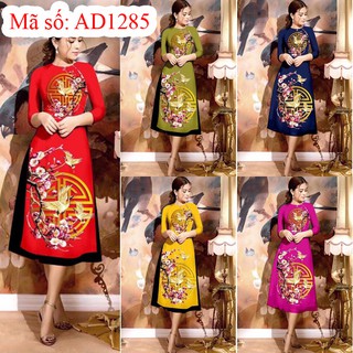 Có size 4XL AD1285 Áo Dài Cách Tân cổ tròn in họa tiết hoa đào và chim cò mùa xuân kèm váy