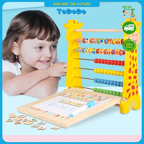 Bảng chứ cái tích hợp máy tính tay và bảng đen có bút dạ làm bằng gỗ tự nhiên cho bé học tập.