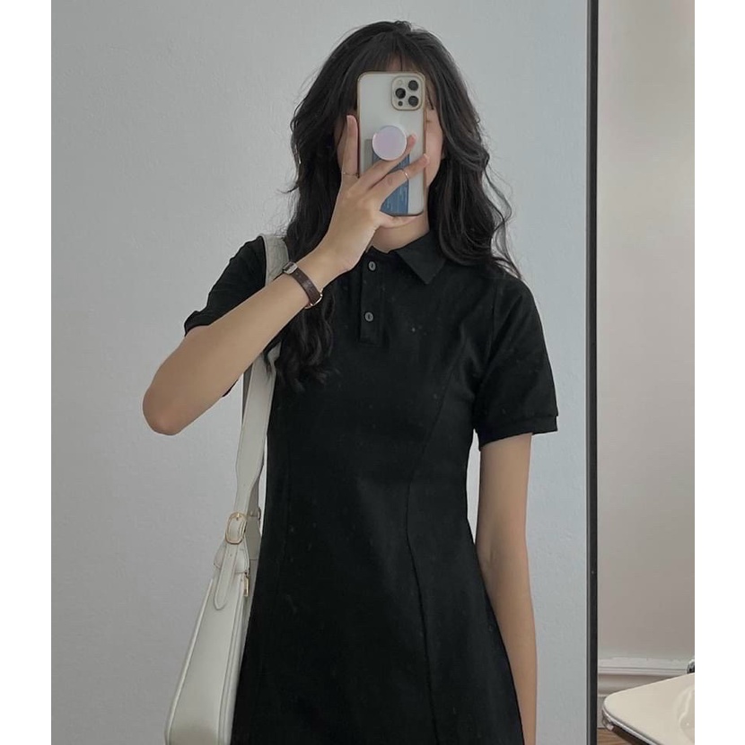 Váy polo nữ cổ sơ mi dáng dài  đầm polo nữ tay ngắn dáng xòe freesize chất thun co giãn màu đen xám JUMIO