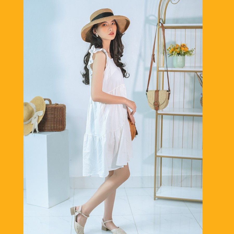 Váy babydoll đũi dáng dài cổ vuông cánh tiên 3 màu trắng nâu be hàng cao cấp | BigBuy360 - bigbuy360.vn