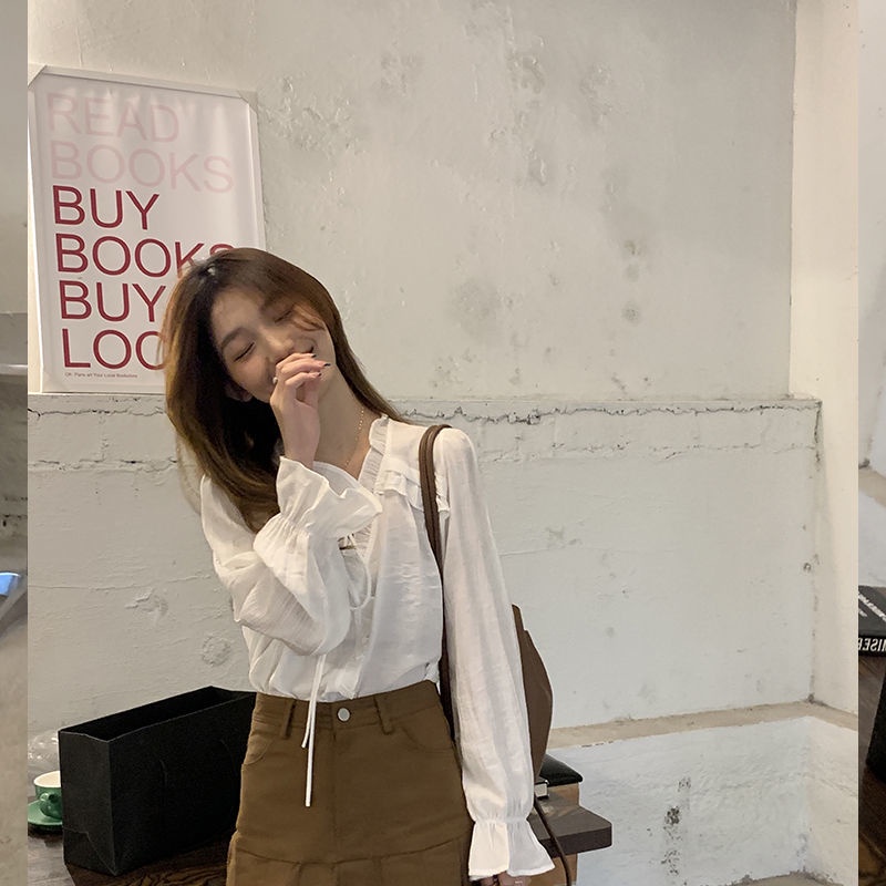 Áo nữ IELGY tay dài loe buộc dây rộng rãi viền cổ V