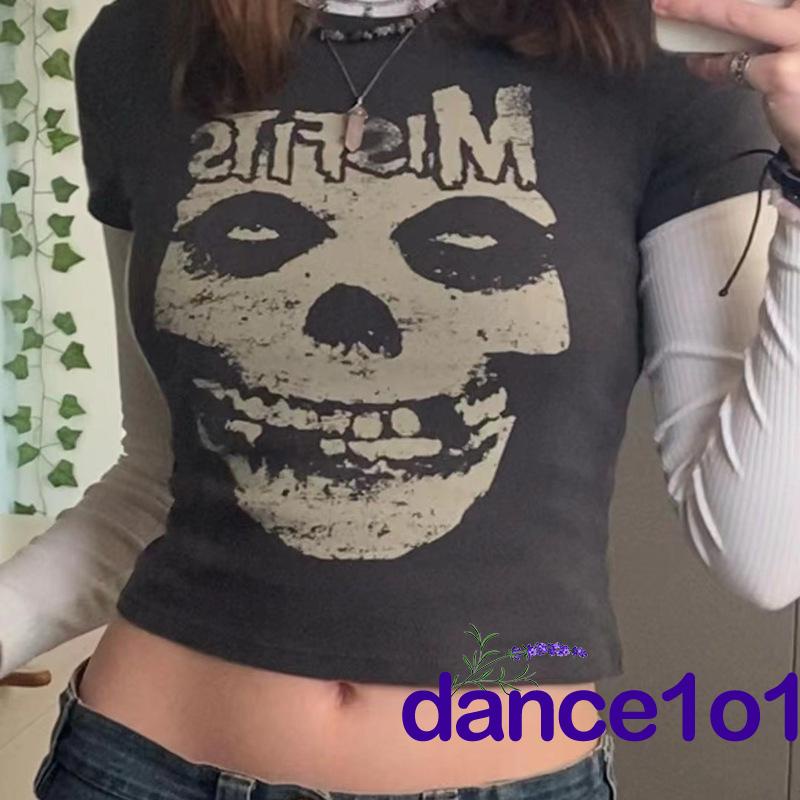 Áo Crop Top Nữ Tay Ngắn In Hình Đầu Lâu Vũ Công 1O1-Goth y2k