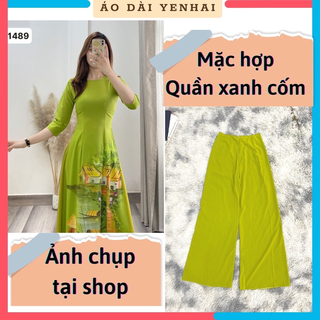 Áo dài thiết kế Yến Hải màu xanh cốm trẻ trung chất lụa Hapu | D1489