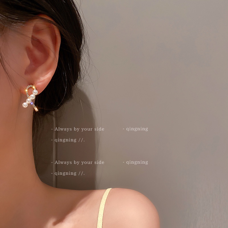 DREJEW Khuyên tai bạc 925 đính ngọc trai kim cương giả phong cách Hàn Quốc thời trang