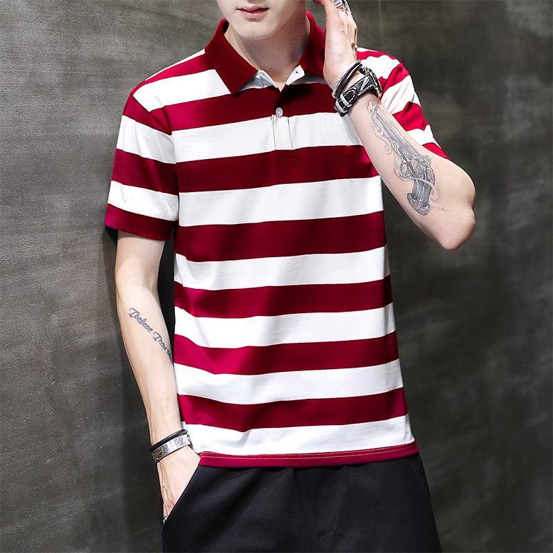 Áo polo cotton tay ngắn dáng rộng họa tiết kẻ sọc thời trang mùa hè mới cho nam