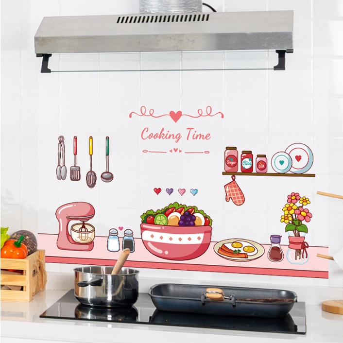 Decal dán bếp họa tiết trong suốt - Nhà bếp màu hồng cực dễ thương