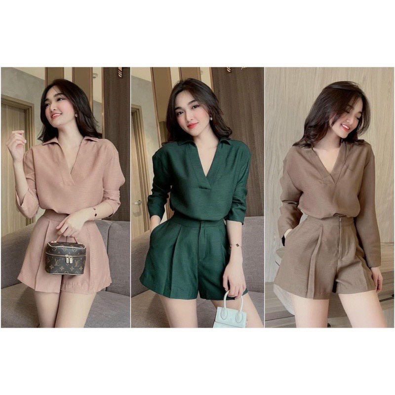 Set Bộ Áo Cổ Tim Và Quần Ngắn Thời Trang Nữ