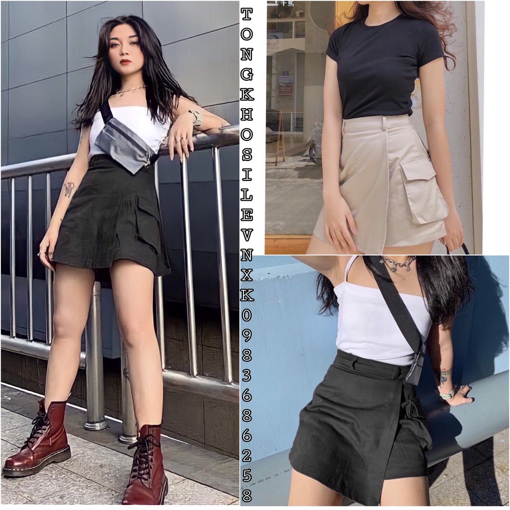 (new) Chân Váy KAKI TÚI HỘP Nữ (Box Skirt) Xẻ Tà - Quần Giả Váy Chữ A Dáng Ngắn Be Đen Khóa Kéo Vạt Lệch
